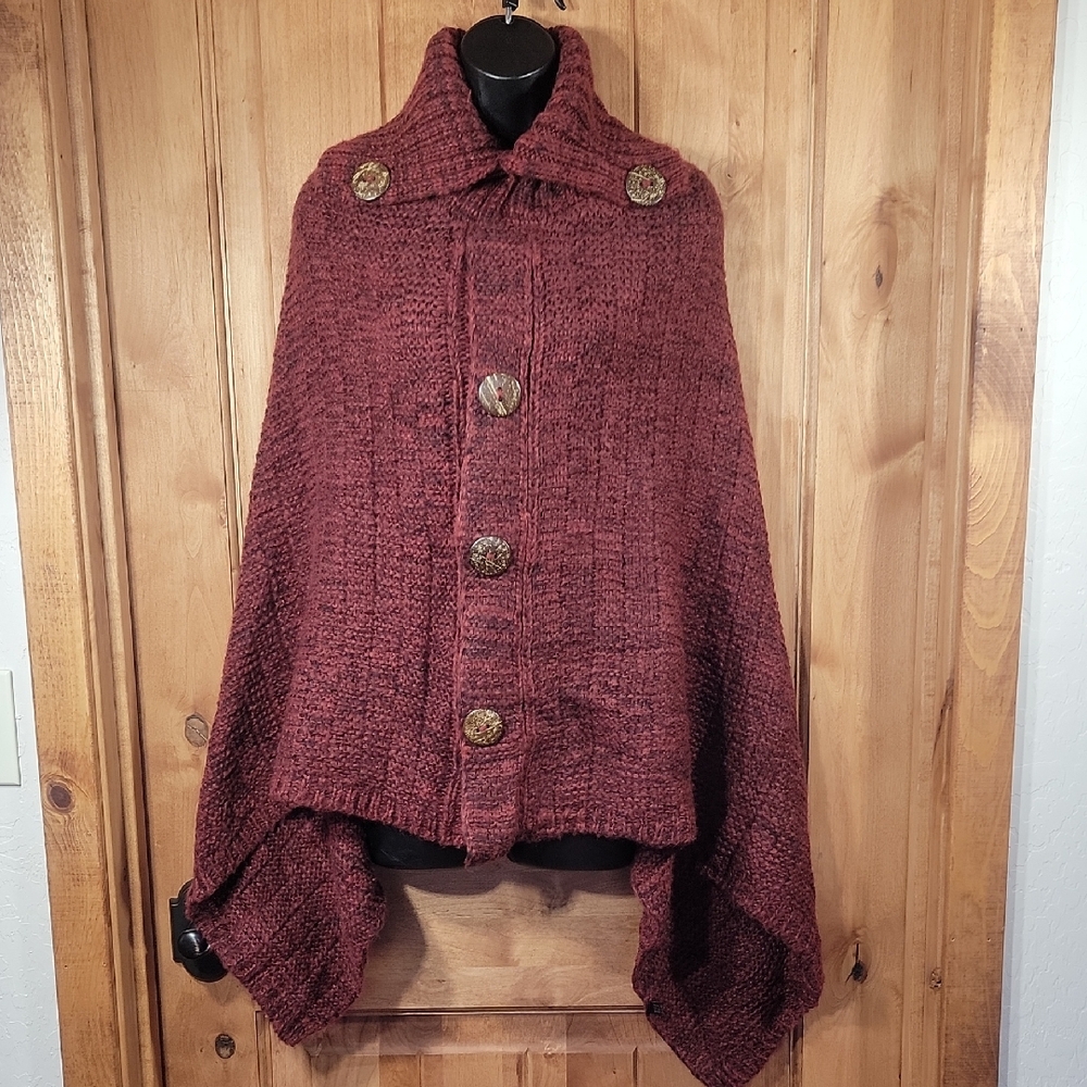 Snuggly Burgundy Sweater Cape with Coconut Buttons